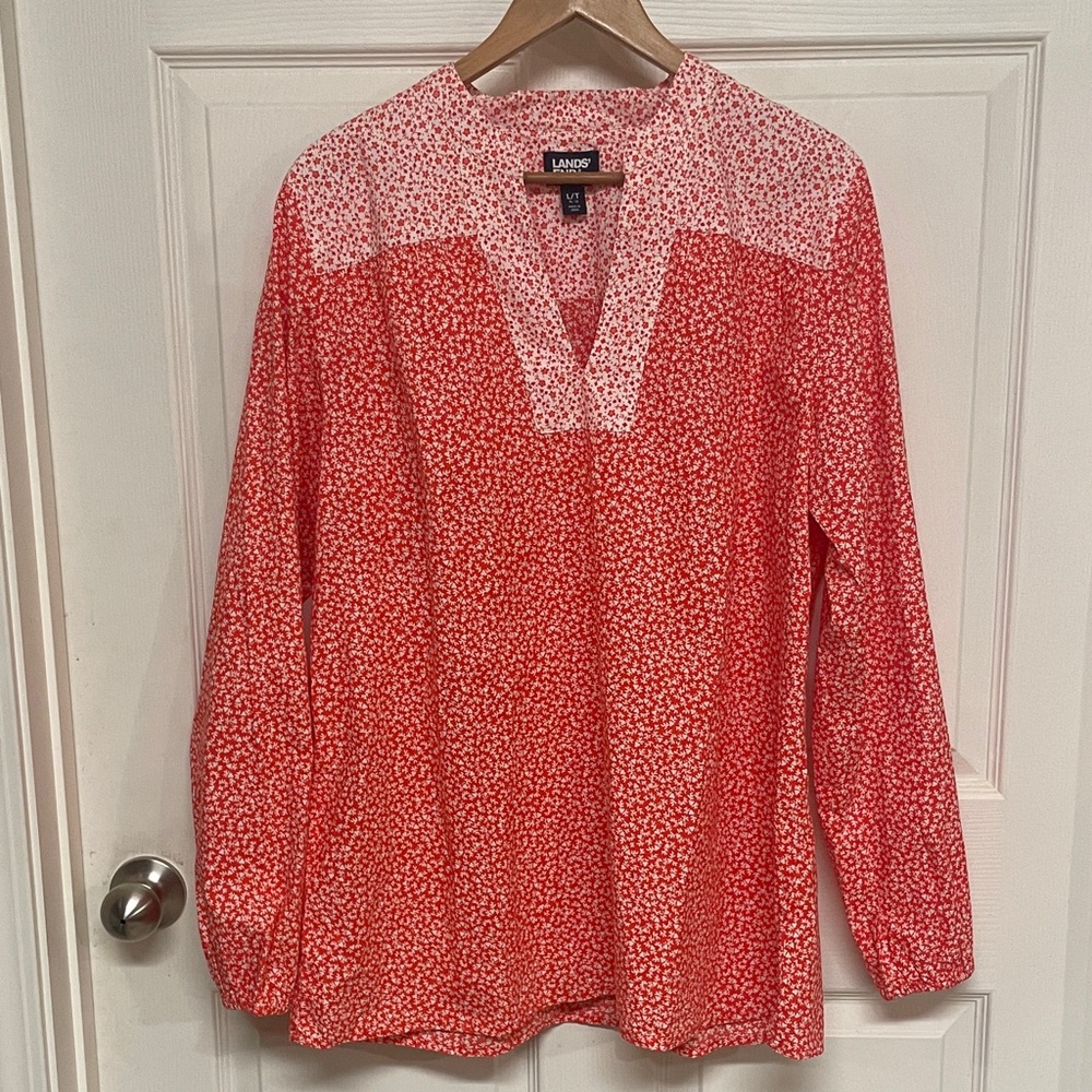 Lands End Coral Red Floral Long Sleeve Blouse-L/T-14/16
